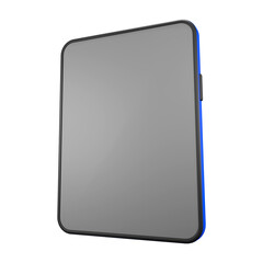 Tilted smartphone 3D render with a clean blue border.