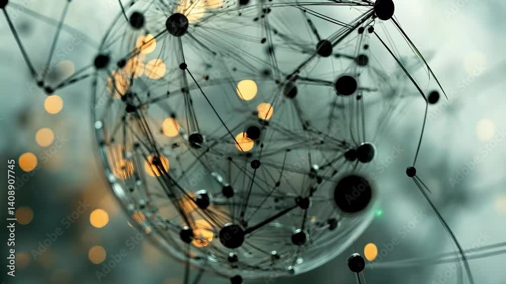 Poster Digital science sphere with interconnected nodes and binary data representing a networked world, Digital science sphere and binary data network