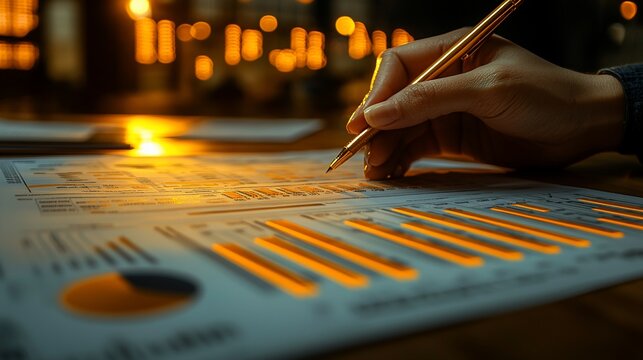 Hand analyzing financial charts and graphs at night - Powered by Adobe