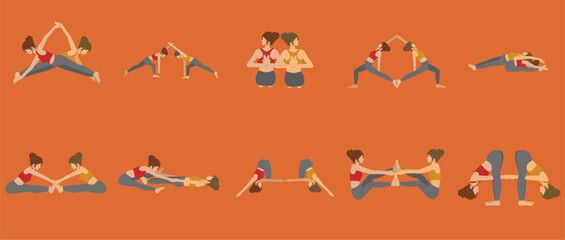 Flat vector illustration of two women doing partner yoga poses in acro yoga style on an orange background. Minimal and colorful design for wellness and fitness themes
