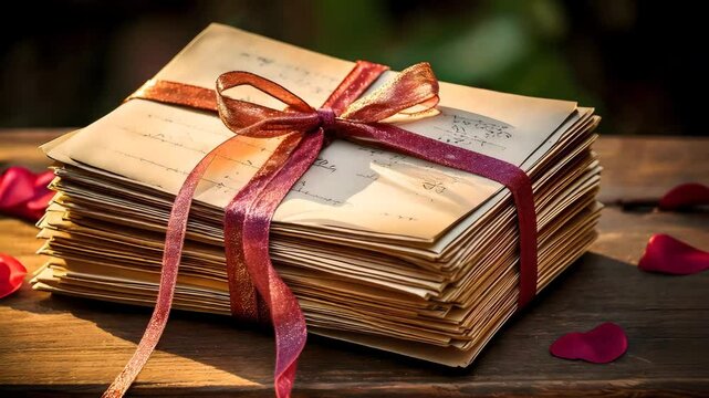 Stack of Handwritten Romantic Letters Bound with Elegant Ribbon