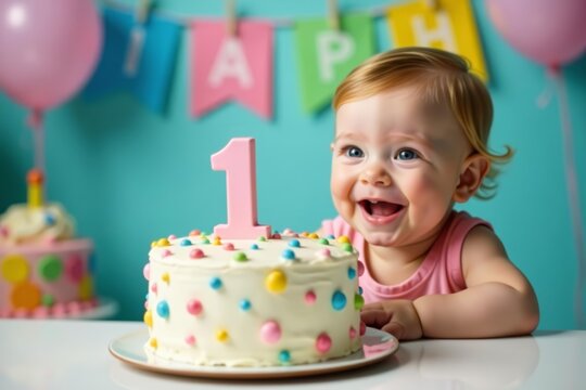 Colorful one year old birthday cake with a smiling happy baby in the background, cake, birthday, smiling