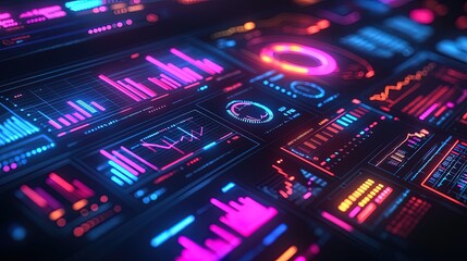 Obraz premium A business dashboard interface showing diverse charts, including bars, lines, and pie graphs, in vivid neon tones