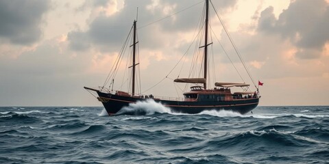 Naklejka premium Majestic Sailing Yacht on Rough Ocean Waves at Sunset