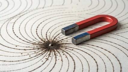 Close Up of Red and White Bar Magnet with Spiral Iron Filings on Clean Neutral Surface