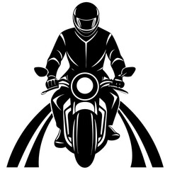 A silhouette of a motorcyclist riding on a highway, wearing a helmet