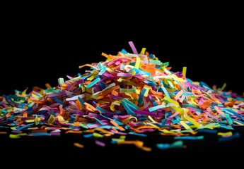Fototapeta premium Colorful Shredded Paper Confetti Pile on Black Background