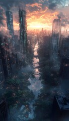 Obraz premium A post-apocalyptic city overgrown with neon bioluminescent plants, roots reclaiming skyscrapers. Cinematic cyber-natural fusion