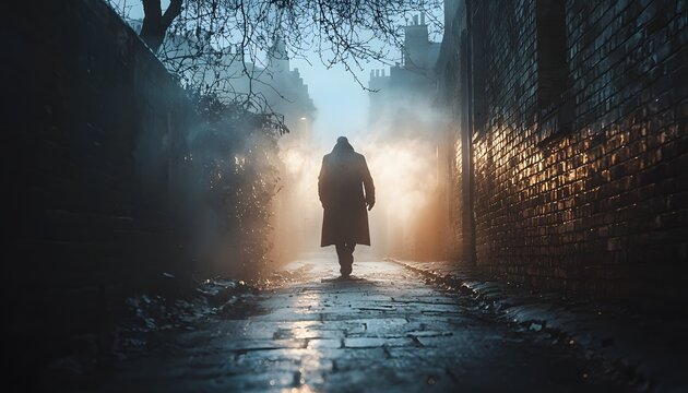 A magical detective chasing a shadowy figure through an enchanted alley, runes glowing faintly on brick walls. Cinematic supernatural thriller