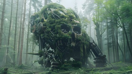 Obraz premium A towering robot sits abandoned in the middle of an overgrown forest, vines and moss consuming its once-powerful frame as birds nest in its open chest cavity