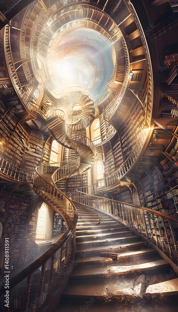 Poster a grand library of floating books spirals into infinity, each volume glowing as it whispers its forg