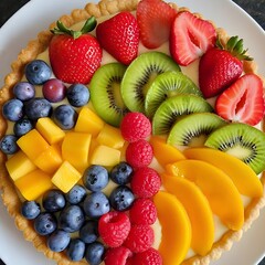 Obraz premium A fresh fruit tart has a scalloped pastry crust filled with pastry cream, with neatly arranged fresh fruits including strawberries, kiwi, blueberries, mango, raspberry, and peach