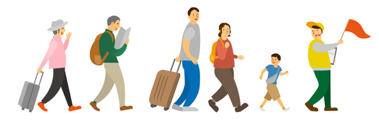 観光客とガイドが列に並んで歩く