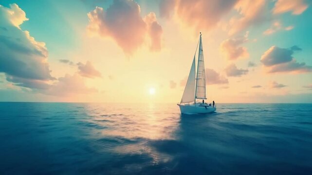 A sailboat gracefully glides across the water, its sails catching the wind under a clear, open sky.