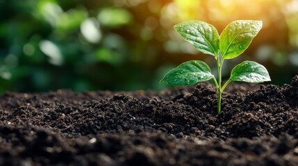 Fototapeta premium A young green plant seedling emerges from rich, dark soil, symbolizing new growth and life with a blurred natural background