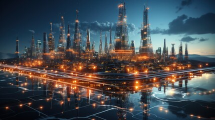 Obraz premium Futuristic Metropolis at Dusk: A Night Cityscape Reflection