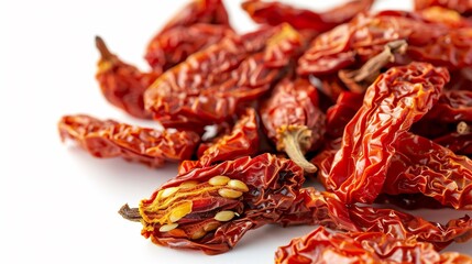 Close up of sun dried tomatoes isolated on a white background highlighting their wrinkled texture and deep red hues
