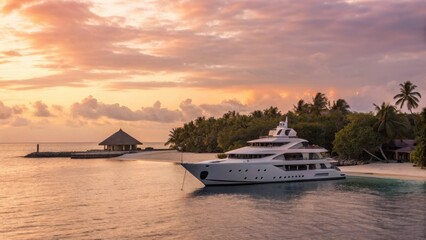 island resort Luxury yacht anchored by a tropical island at sunset, surrounded by palm trees and serene waters.