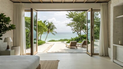 island resort A serene bedroom view featuring open doors leading to a beach and palm trees.