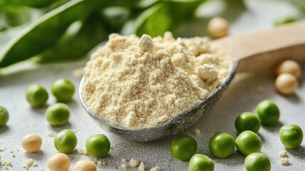 Plastic scoop filled with plant-based pea protein powder, alongside fresh green pea seeds, against a white background.