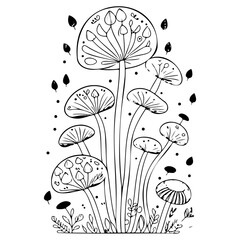 Mystical Mushroom Cluster Black and White Outline