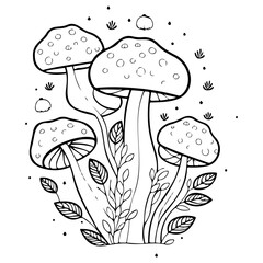 Fantasy mushroom group hand-drawn black and white