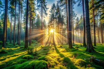 Fototapeta premium Sunbeams Through Forest Trees