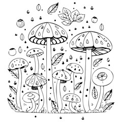 Enchanting Mushroom Forest Hand-Drawn Illustration