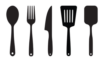 This image features a collection of basic kitchen utensils, depicted as simple, solid black silhouettes against a pure white background.