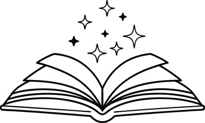 Open library book magic of reading, sparkle vector silhouette on a white background