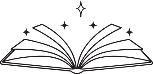 Open library book magic of reading, sparkle vector silhouette on a white background
