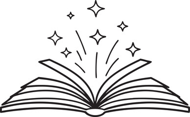 Open library book magic of reading, sparkle vector silhouette on a white background