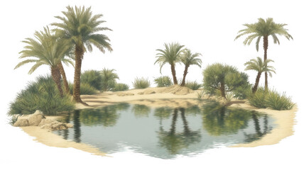 Obraz premium Desert Oasis with Palm Trees and Water Realistic Scene Transparent Background