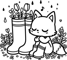 Fox Cub in a Rainboot Garden. Coloring Book Page. Cartoon Illustration.