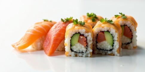 Colorful sushi rolls with seaweed, cucumber, and crab meat on white background, healthy, assortment, lunch