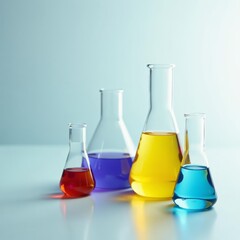 Colorful test flasks with samples on white background, chemistry, color samples, science