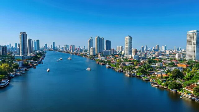 Bangkok city skyline showcases modern architecture and waterways under clear blue sky, bangkok city skyline with clear blue sky, aerial dolly left