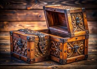Macro view of a medieval chest; open and closed, showcasing vintage wood grain and antique patina.