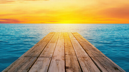 Fototapeta premium Sunset Over Calm Ocean with Wooden Dock Leading into Beautiful Horizon View