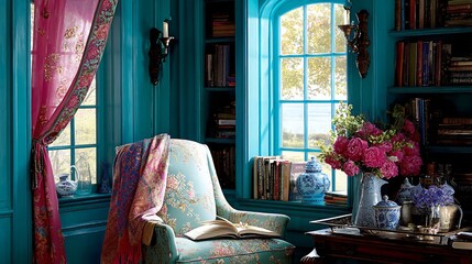 Reading room. Turquoise walls, floral armchair, bright pink curtains, and books, plus a bright sunny window
