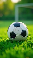 Fototapeta premium Fuzzy soccer ball on lush green field, athletic equipment, sporty scene, closeup