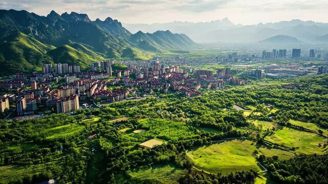 City skyline nestled behind lush green forest and mountains during daytime, Aerial view of cities behind green forest with mountain background, Henan, China