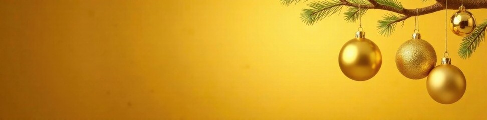 Golden ornaments hanging from a branch in isolation against a gold background, festive, gold, christmas