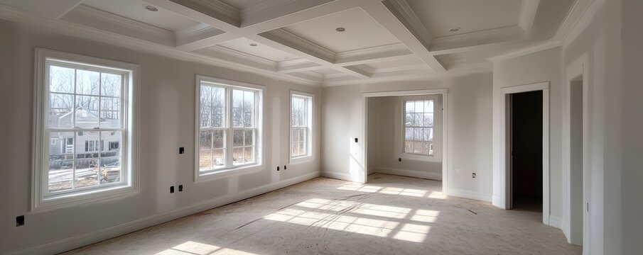 Drywall installation in progress, interior walls nearly complete - builder ready mud joint compound