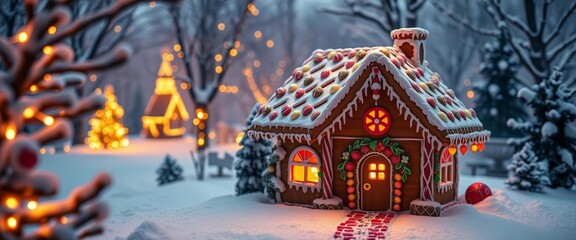 Cozy gingerbread house nestled in snowy winter scene, warm lights glowing, winter wonderland,  design