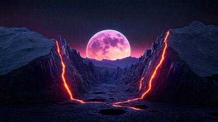 Landscape of alien planet beneath mystical skies and surreal moon concept. Vibrant landscape with a glowing moon over a volcanic rift.