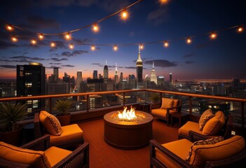 Naklejka premium Cozy rooftop terrace at night City skyline view, string lights, fire pit, comfortable seating, luxury, modern