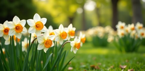 Fototapeta premium Lush garden filled with clusters of white and orange daffodils in full bloom, white, spring