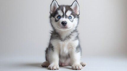 Obraz premium Playful siberian husky puppy indoor studio pet photography minimalist background front view adorable companion