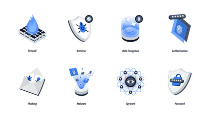 Isometric Cybersecurity and Data Protection Icons. Authentication, Spyware, Antivirus, Phishing, Password, Data Encryption, Malware, Firewall Vectors for Web, App UI, Infographics, Animation.